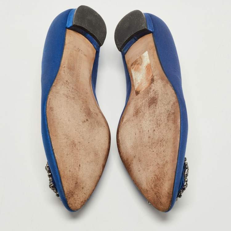 Pre Owned Manolo Blahnik Blue Satin Hangisi Crystals Ballet Flats Size 35.5