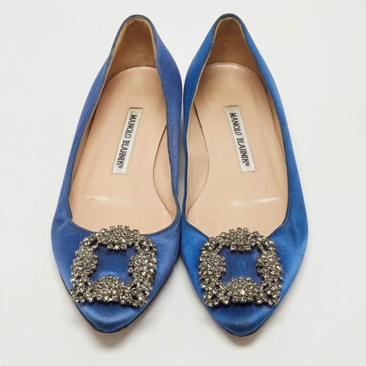 Pre Owned Manolo Blahnik Blue Satin Hangisi Crystals Ballet Flats Size 35.5