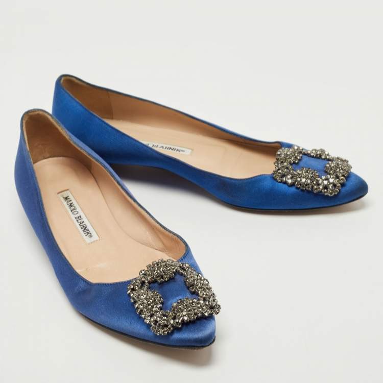 Pre Owned Manolo Blahnik Blue Satin Hangisi Crystals Ballet Flats Size 35.5
