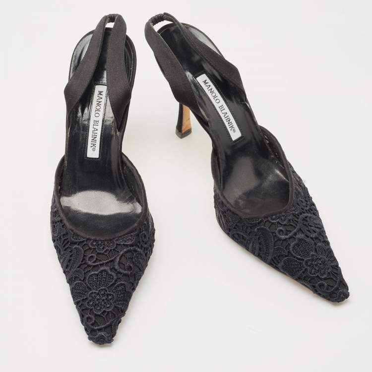 Pre Owned Manolo Blahnik Black Mesh and Satin  Slingback Pumps Size 41