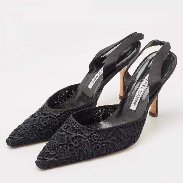 Pre Owned Manolo Blahnik Black Mesh and Satin  Slingback Pumps Size 41