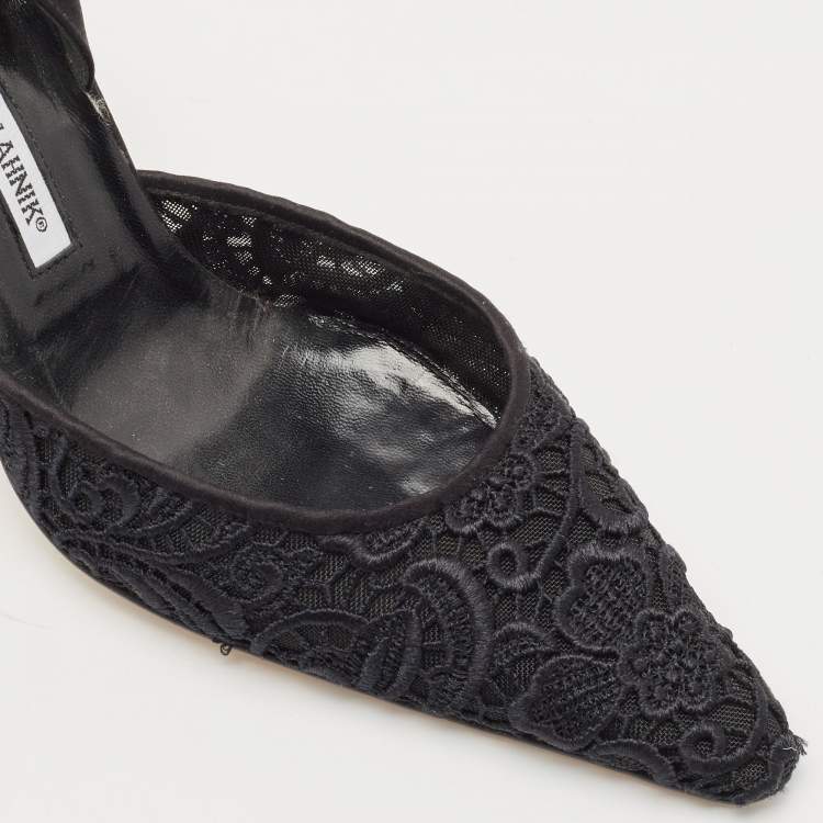 Pre Owned Manolo Blahnik Black Mesh and Satin  Slingback Pumps Size 41