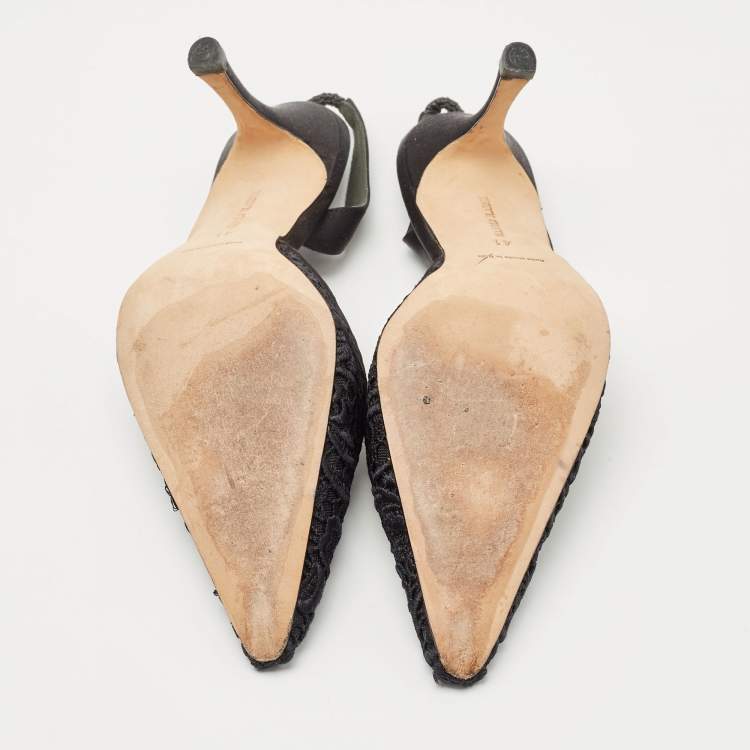 Pre Owned Manolo Blahnik Black Mesh and Satin  Slingback Pumps Size 41