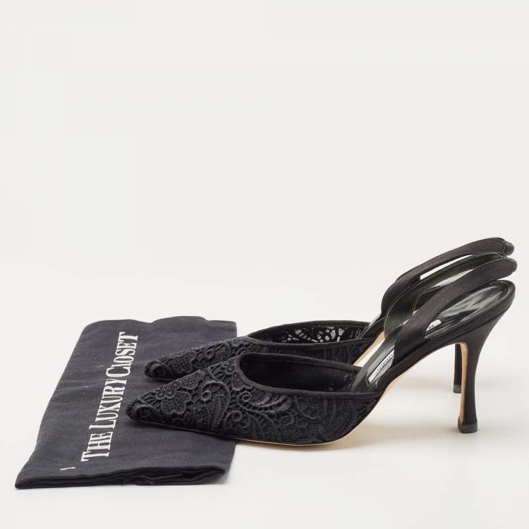 Pre Owned Manolo Blahnik Black Mesh and Satin  Slingback Pumps Size 41