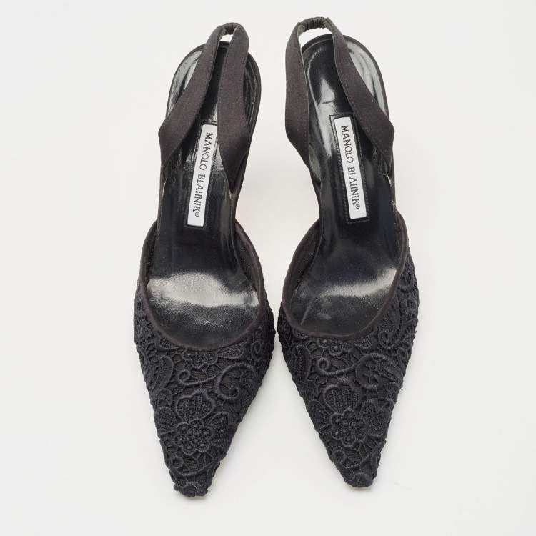 Pre Owned Manolo Blahnik Black Mesh and Satin  Slingback Pumps Size 41