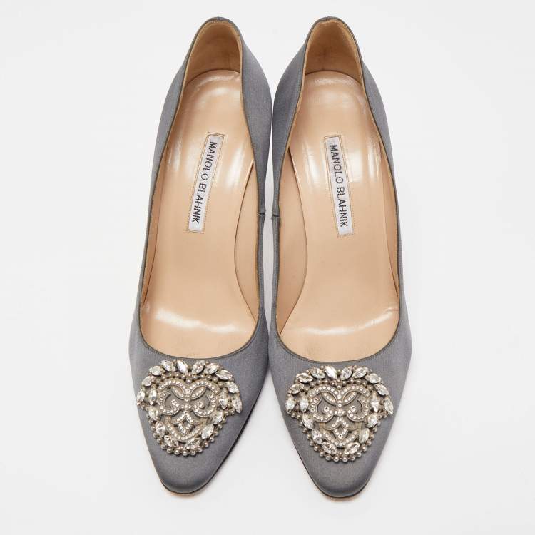 Pre Owned Manolo Blahnik Dark Grey Satin Crystal Embellished Pumps Size 39.5