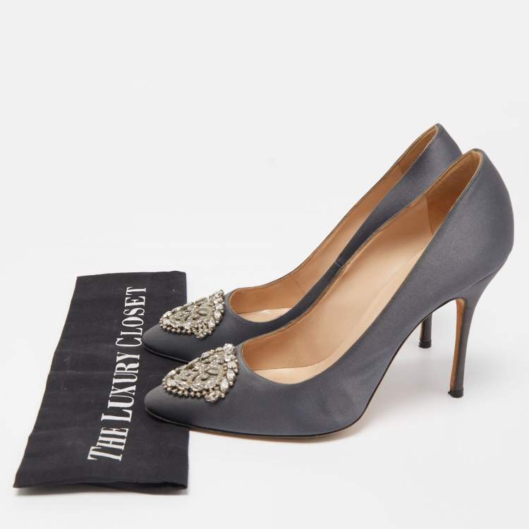 Pre Owned Manolo Blahnik Dark Grey Satin Crystal Embellished Pumps Size 39.5