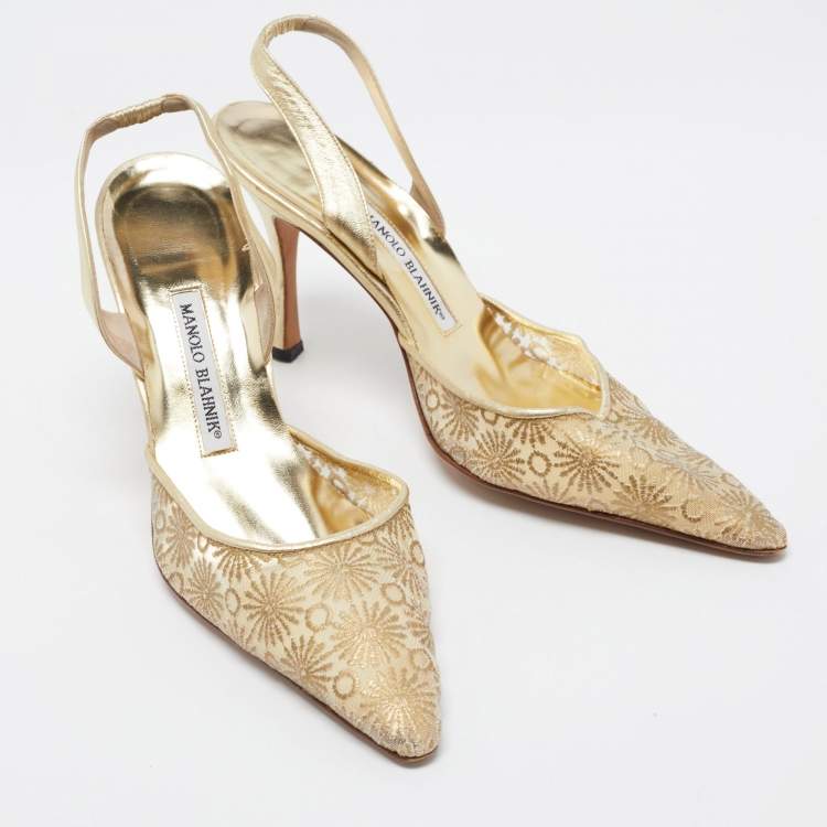 Pre Owned Manolo Blahnik Gold Embroidered Mesh Carolyne Slingback Pumps Size 41