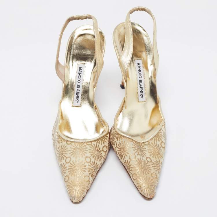 Pre Owned Manolo Blahnik Gold Embroidered Mesh Carolyne Slingback Pumps Size 41