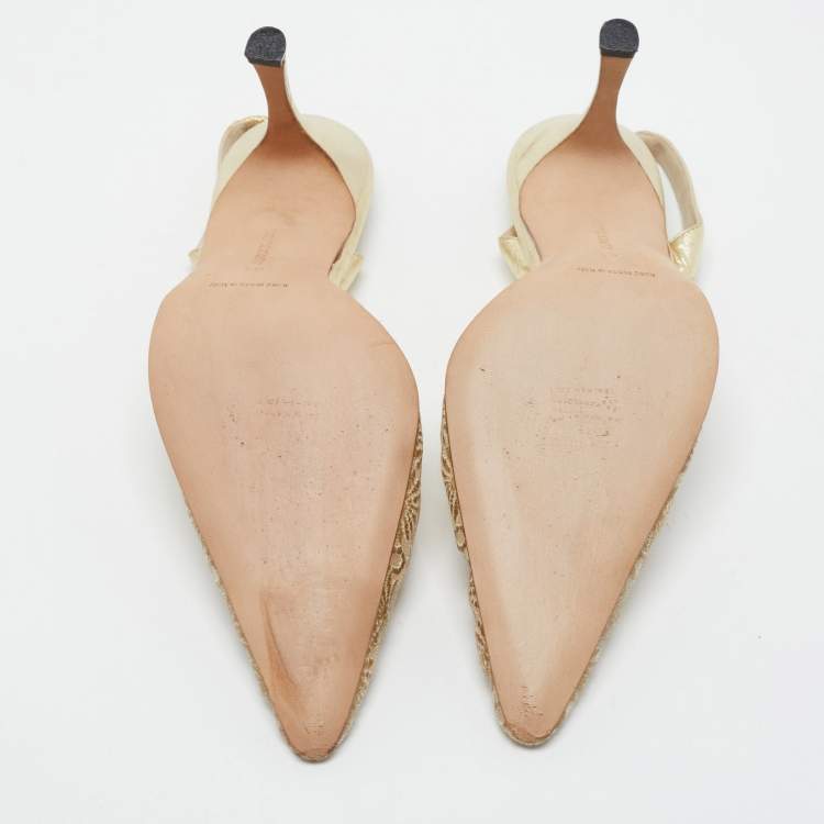 Pre Owned Manolo Blahnik Gold Embroidered Mesh Carolyne Slingback Pumps Size 41