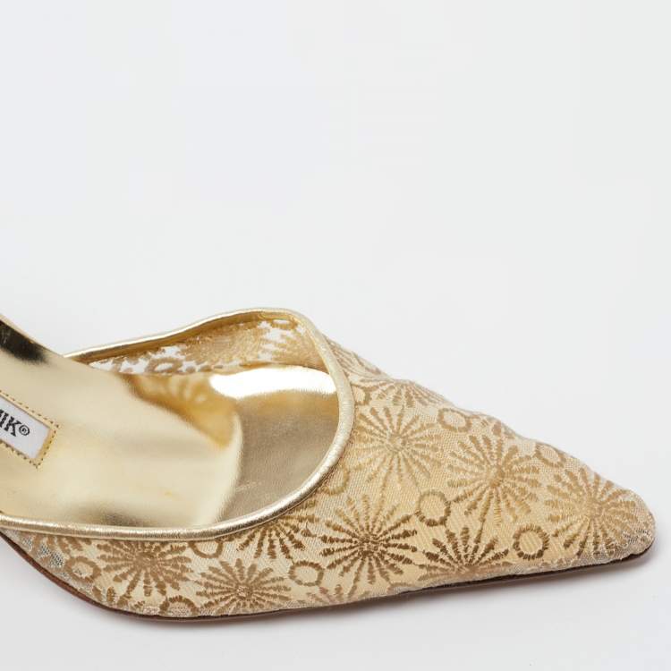 Pre Owned Manolo Blahnik Gold Embroidered Mesh Carolyne Slingback Pumps Size 41