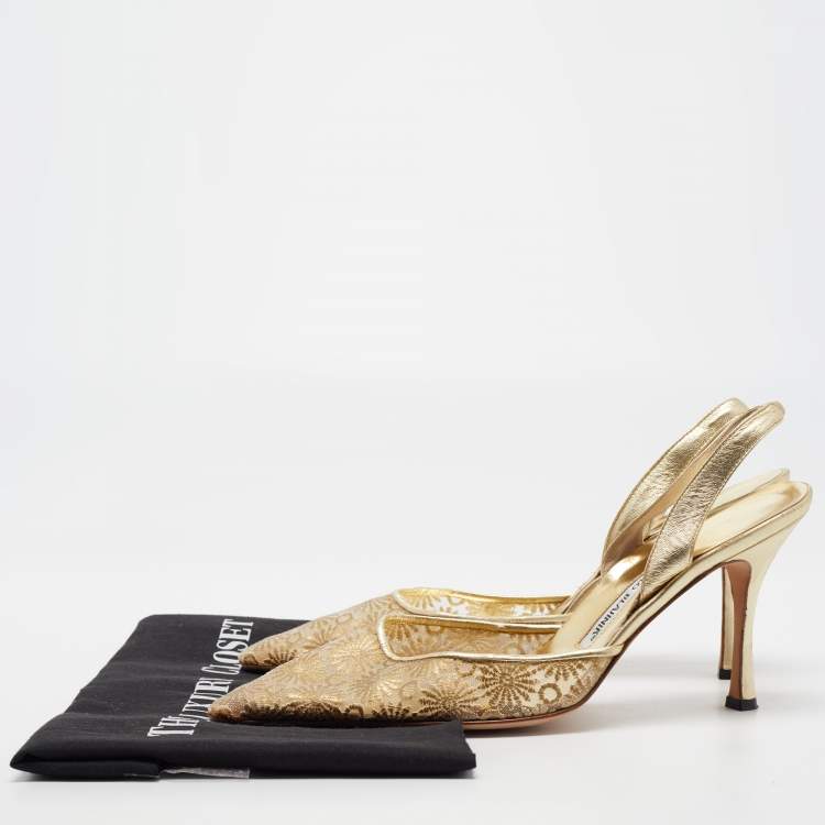 Pre Owned Manolo Blahnik Gold Embroidered Mesh Carolyne Slingback Pumps Size 41