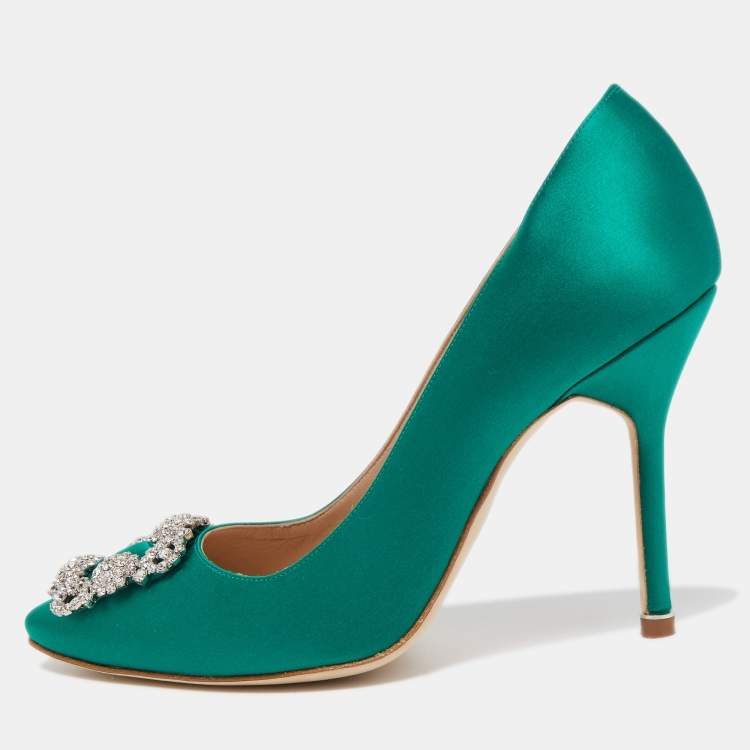 Pre Owned Manolo Blahnik Green Satin Hangisi Pumps Size 38.5