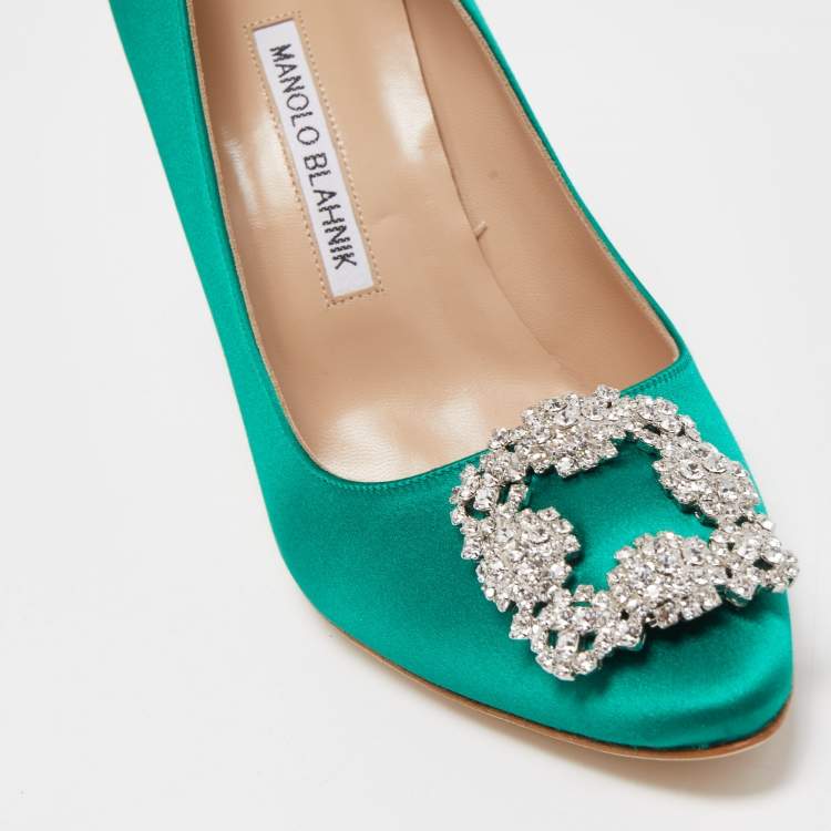 Pre Owned Manolo Blahnik Green Satin Hangisi Pumps Size 38.5