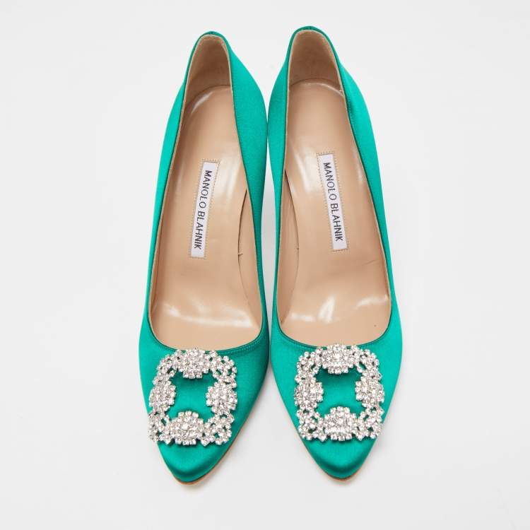 Pre Owned Manolo Blahnik Green Satin Hangisi Pumps Size 38.5