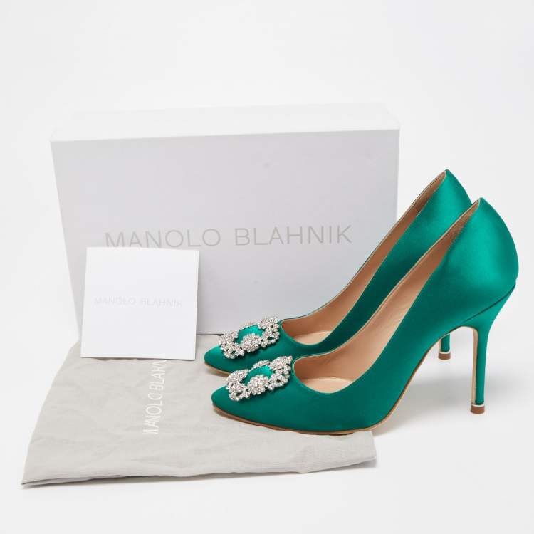 Pre Owned Manolo Blahnik Green Satin Hangisi Pumps Size 38.5