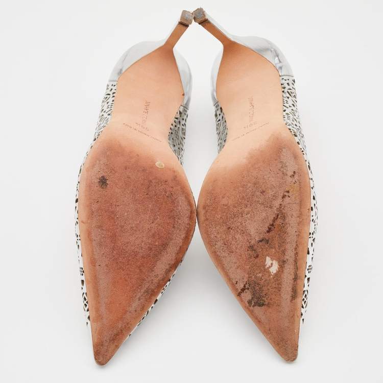 Pre Owned Manolo Blahink Silver Laser Cut Leather Pumps Size 39.5