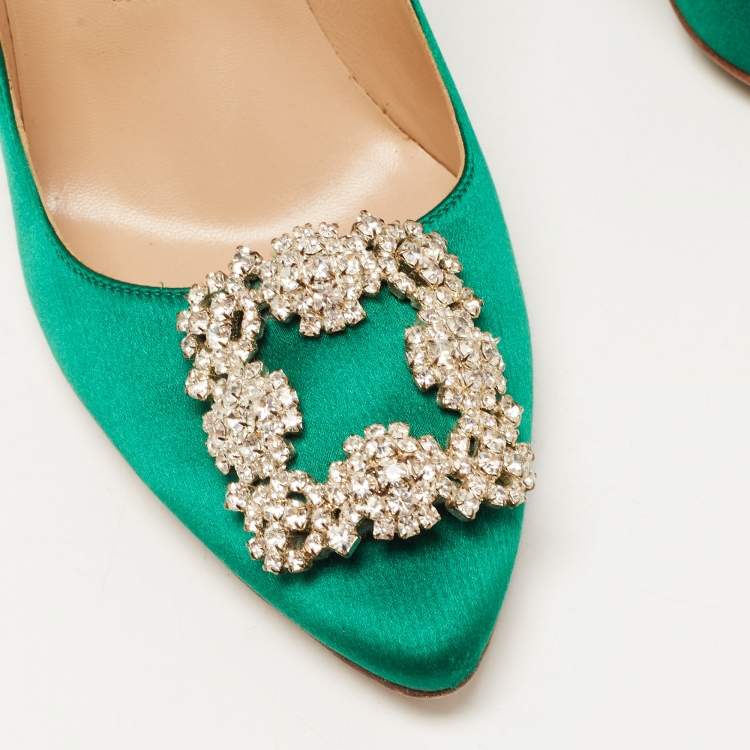 Pre Owned Manolo Blahnik Green Satin Hangisi Pumps Size 38