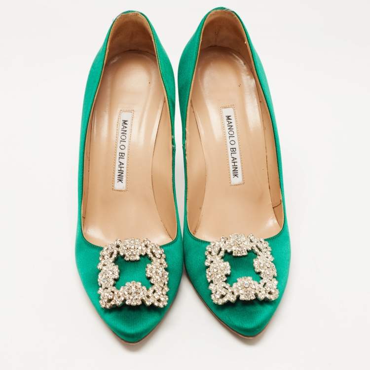 Pre Owned Manolo Blahnik Green Satin Hangisi Pumps Size 38