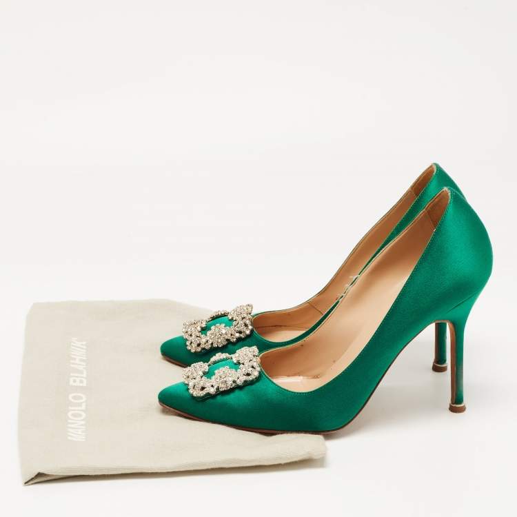 Pre Owned Manolo Blahnik Green Satin Hangisi Pumps Size 38