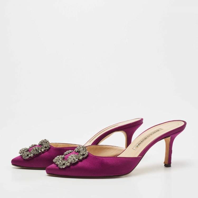 Pre Owned Manolo Blahnik Purple Satin Hangisimu Mules Size 37