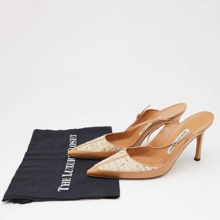 Pre Owned Manolo Blahnik Beige Leather and Tweed Slingback Sandals Size 40