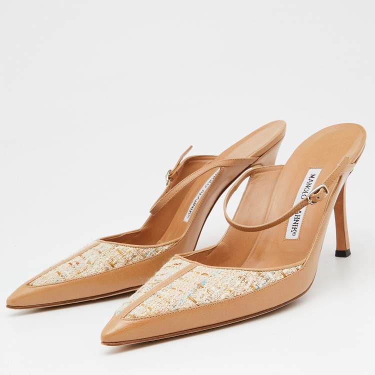 Pre Owned Manolo Blahnik Beige Leather and Tweed Slingback Sandals Size 40