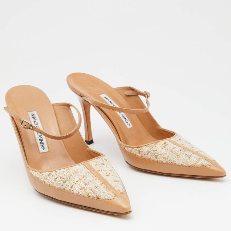 Pre Owned Manolo Blahnik Beige Leather and Tweed Slingback Sandals Size 40