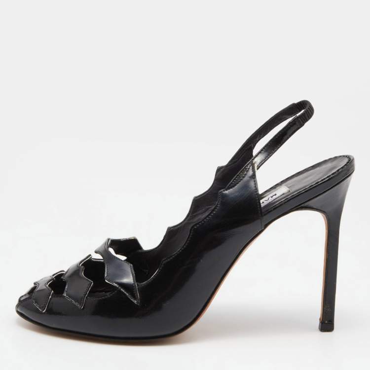 Pre Owned Manolo Blahnik Black Patent Leather Cut Out Slingback Sandals Size 38