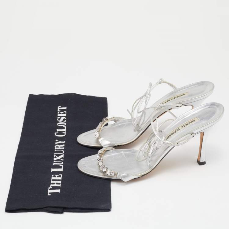 Pre Owned Manolo Blahnik Silver Foil Leather Crystal Embellished Ankle Wrap Sandals Size 39