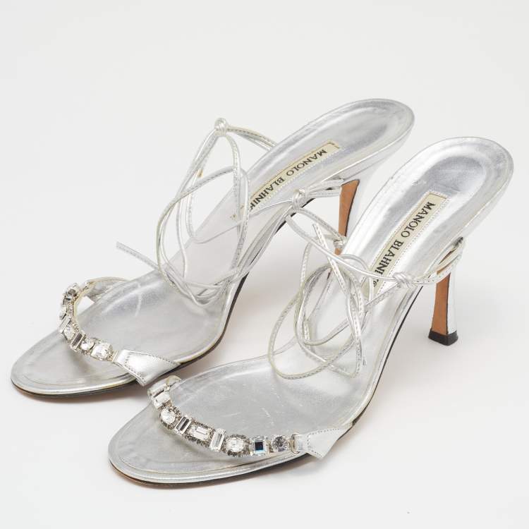 Manolo Blahnik Silver Foil Leather Crystal Embellished Ankle Wrap 