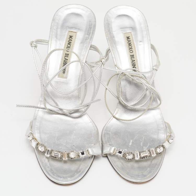 Pre Owned Manolo Blahnik Silver Foil Leather Crystal Embellished Ankle Wrap Sandals Size 39