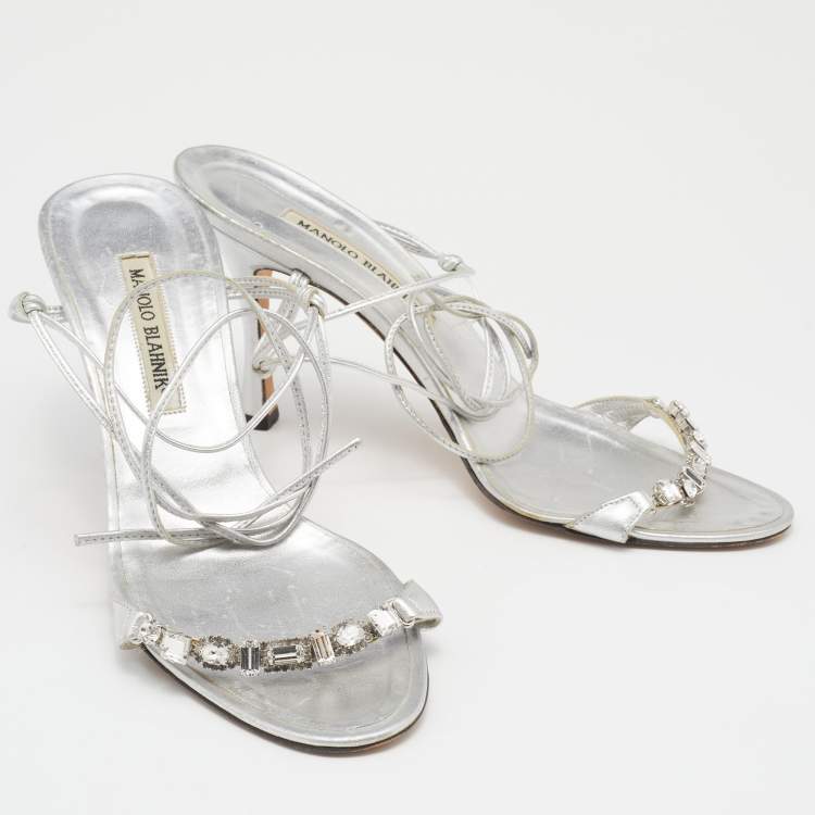Pre Owned Manolo Blahnik Silver Foil Leather Crystal Embellished Ankle Wrap Sandals Size 39