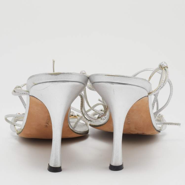 Pre Owned Manolo Blahnik Silver Foil Leather Crystal Embellished Ankle Wrap Sandals Size 39
