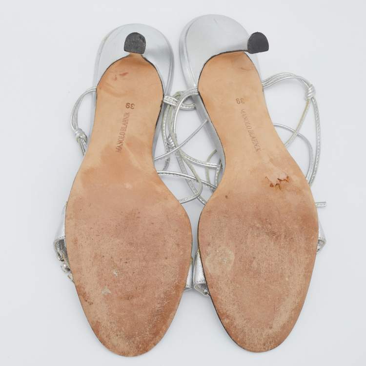 Pre Owned Manolo Blahnik Silver Foil Leather Crystal Embellished Ankle Wrap Sandals Size 39