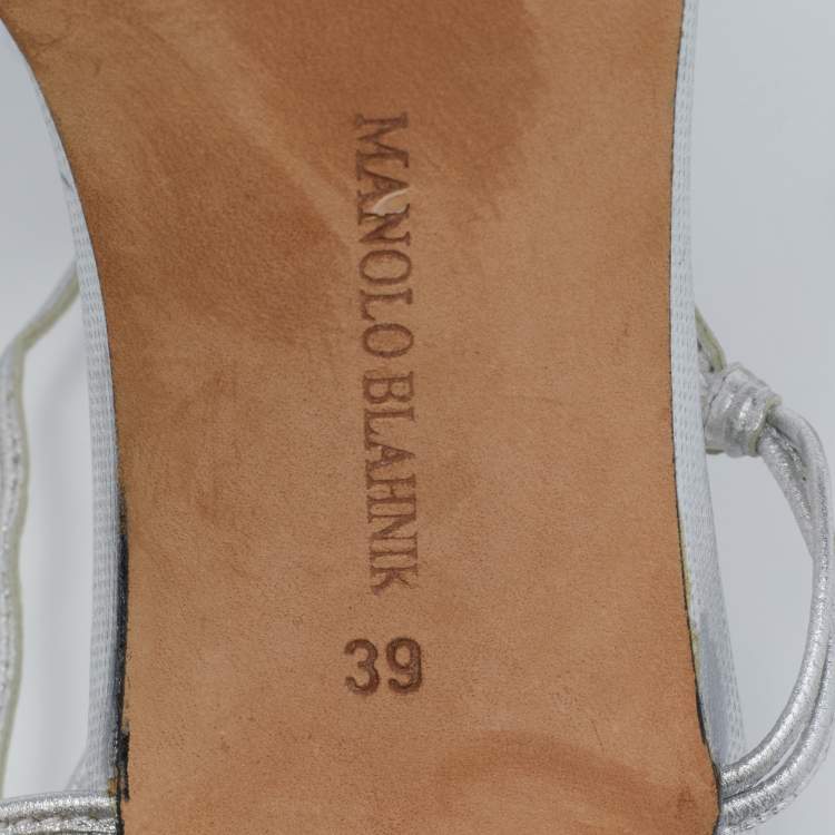 Pre Owned Manolo Blahnik Silver Foil Leather Crystal Embellished Ankle Wrap Sandals Size 39