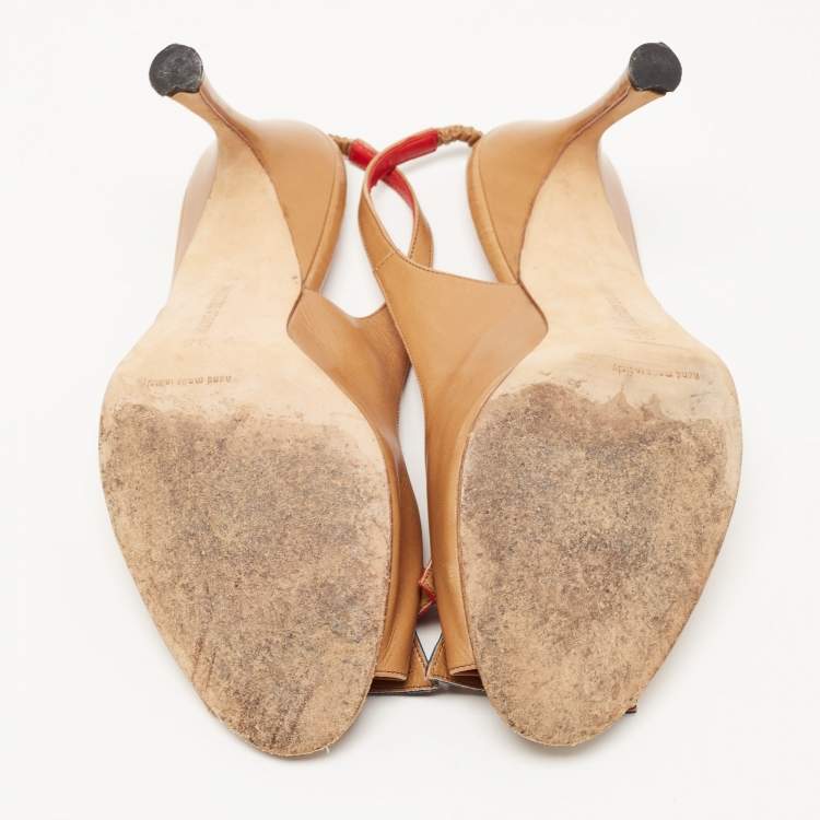 Pre Owned Manolo Blahnik Brown Leather Peep Toe Slingback Sandals Size 38