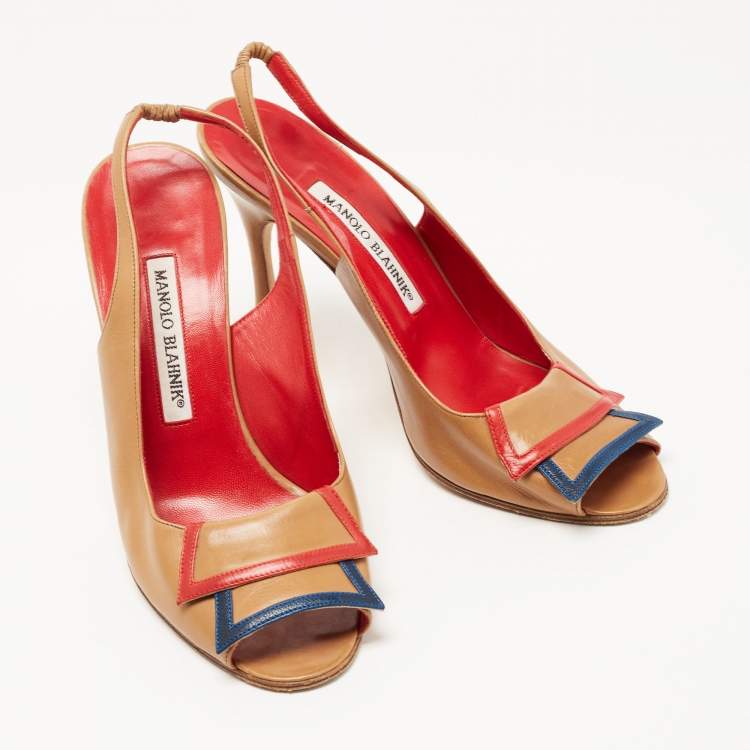 Pre Owned Manolo Blahnik Brown Leather Peep Toe Slingback Sandals Size 38