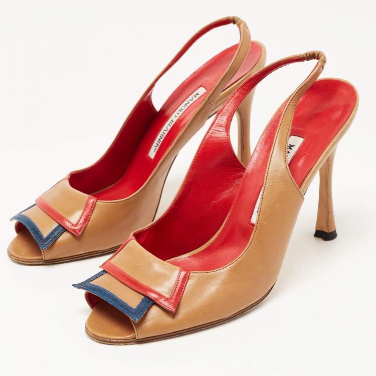 Pre Owned Manolo Blahnik Brown Leather Peep Toe Slingback Sandals Size 38