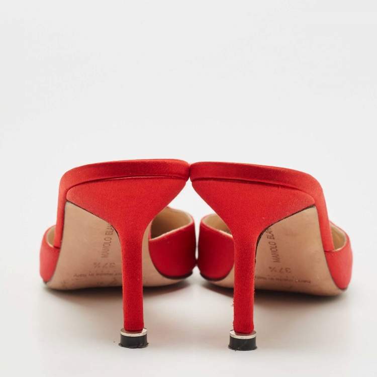 Pre Owned Manolo Blahnik Red Satin Hangisimu Mules Size 37.5