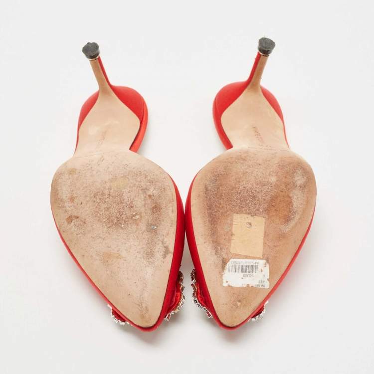 Pre Owned Manolo Blahnik Red Satin Hangisimu Mules Size 37.5