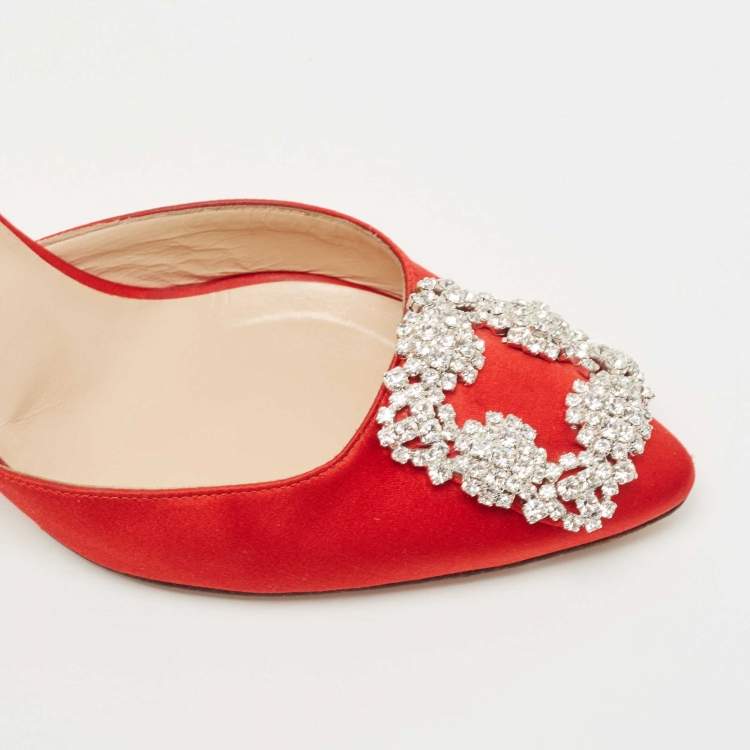 Pre Owned Manolo Blahnik Red Satin Hangisimu Mules Size 37.5