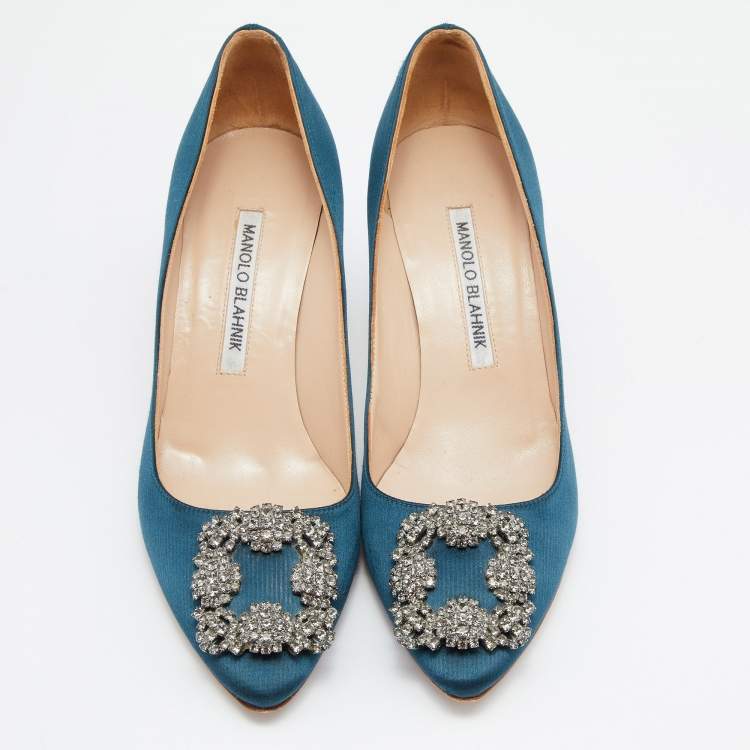 Pre Owned Manolo Blahnik Green Satin Hangisi Pumps Size 36.5