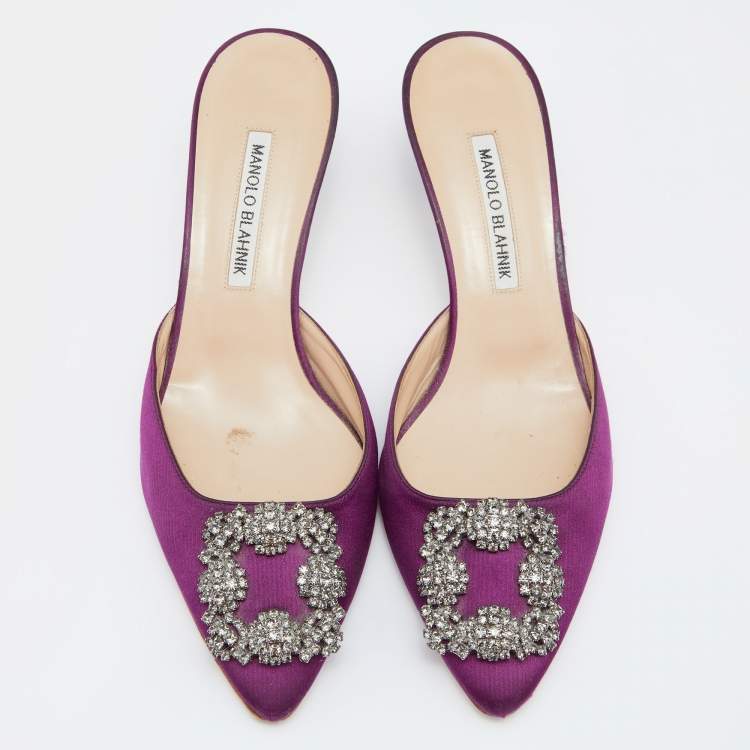 Pre Owned Manolo Blahnik Purple Satin Hangisimu Slide Sandals Size 38