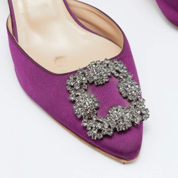 Pre Owned Manolo Blahnik Purple Satin Hangisimu Slide Sandals Size 38