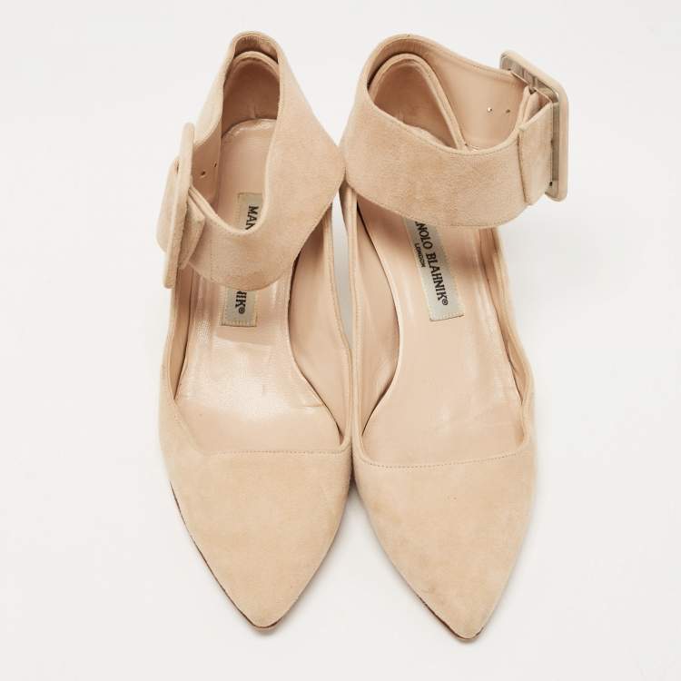 Pre Owned Manolo Blahnik Beige Suede Pointed Toe Ankle Strap Pumps Size 37.5