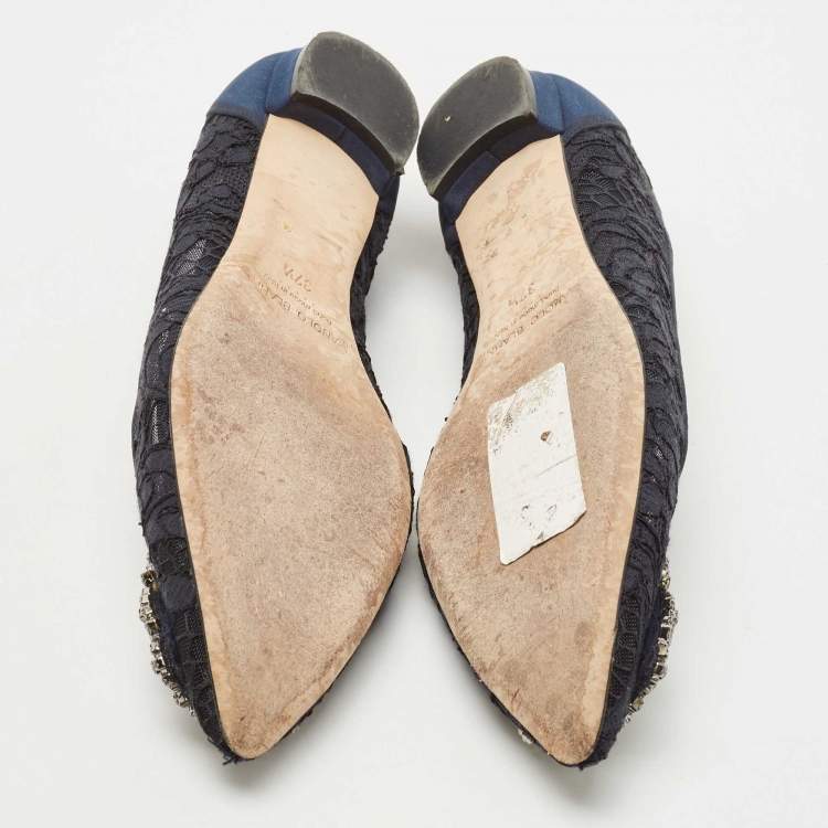 Pre Owned Manolo Blahnik Navy Blue Lace and Satin Hangisi Ballet Flats Size 37.5