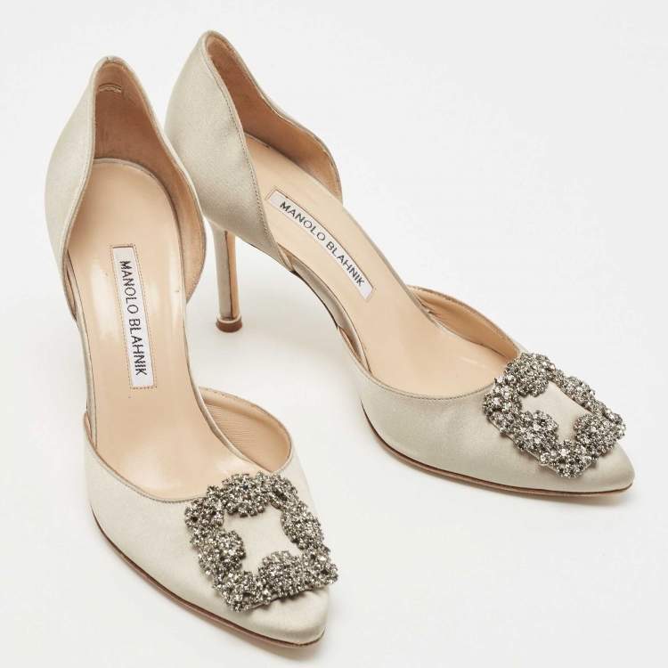Pre Owned Manolo Blahnik Grey Satin Hangisi D'orsay Pumps Size 36.5