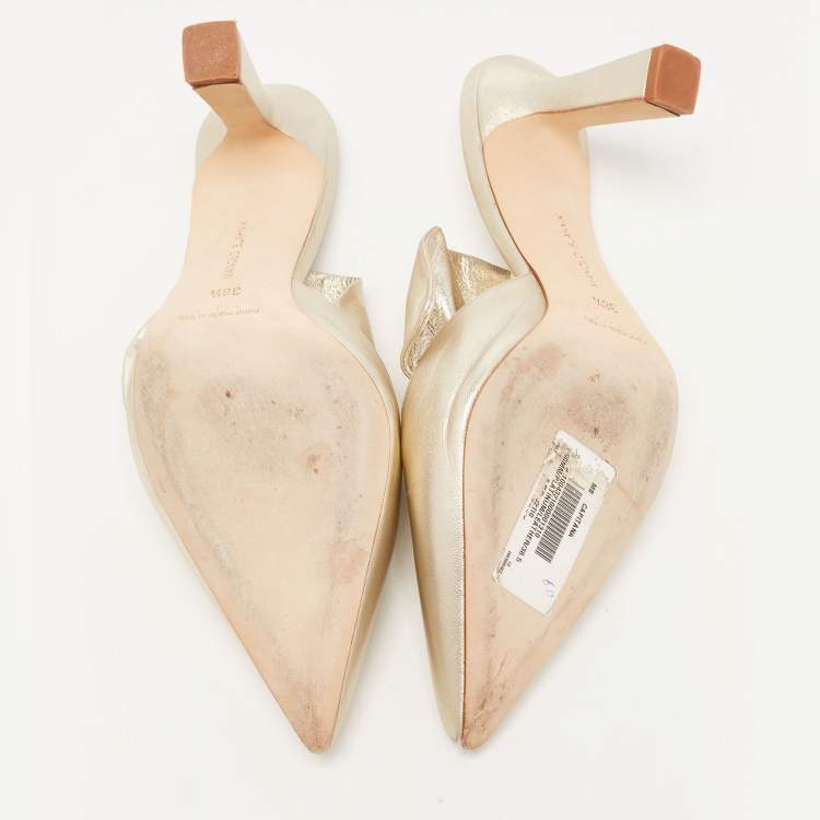 Pre Owned Manolo Blahnik Metallic Gold Leather Crystal Embellished Mules Size 38.5     