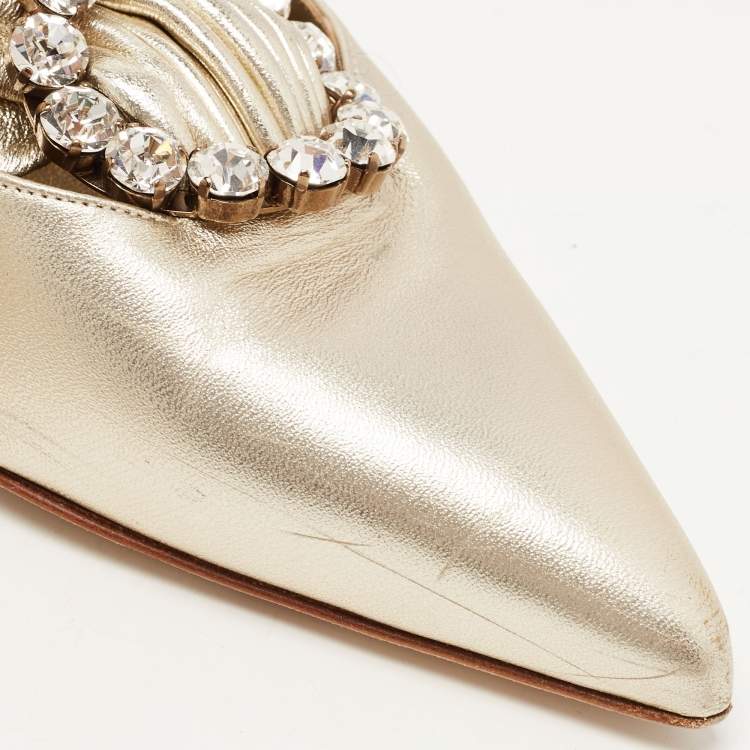 Pre Owned Manolo Blahnik Metallic Gold Leather Crystal Embellished Mules Size 38.5     